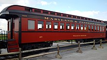 Maryland & Pennsylvania Coach #20 at the Strasburg Railroad in 2017 Md & Pa RR coach-20.jpg