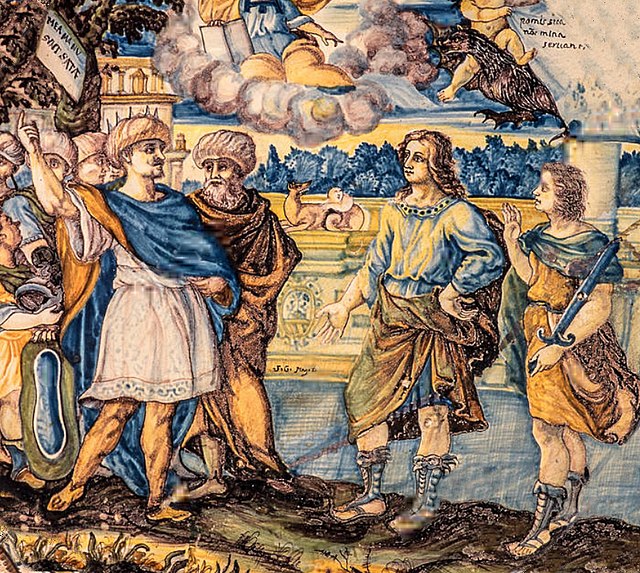 Meeting between Cyrus the Younger and Spartan general Lysander in Sardis. The encounter was related by Xenophon. Maiolica decoration by Francesco Anto