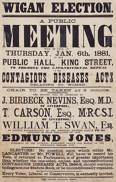 Poster printed during the 1881 Wigan by-election campaign, announcing a public meeting calling for the repeal of the Contagious Diseases Acts.