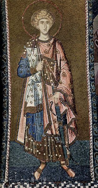 A 14th-century military martyr wears four layers, all patterned and richly trimmed: a cloak with tablion over a short dalmatic, another layer (?), and