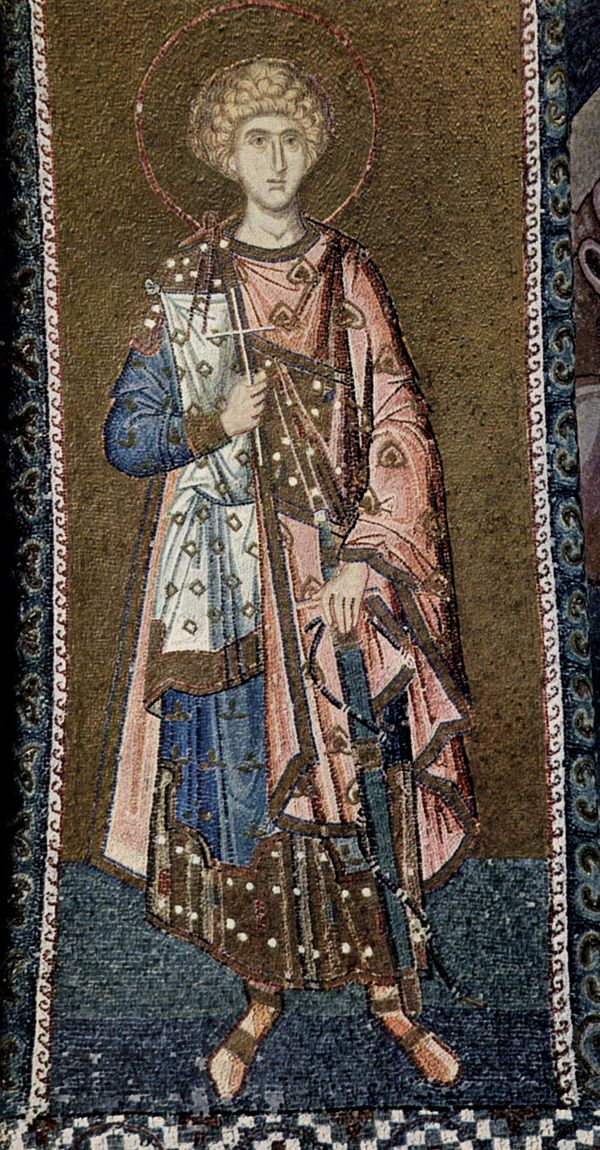 A 14th-century military martyr wears four layers, all patterned and richly trimmed: a cloak with tablion over a short dalmatic, another layer (?), and