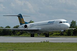 Merpati Airlines at Sultan Syarif Kasim II Airport, Pekanbaru in 2008 Merpati Fokker F100 TTT-1.jpg