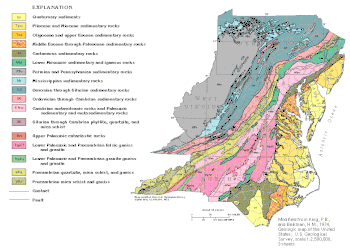 The Nanjemoy Formation is represented by the orange Paleo-Eocene surrounding the Potomac River
Learn more Geology of the Appalachians under that article. Mid-Atlantic Appalachian rock types.gif