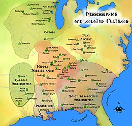 A map showing approximate areas of various Mississippian and related cultures. Mississippian cultures HRoe 2010.jpg