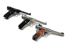 Ruger Mk I at top; Ruger Mk II; Ruger Mk IV Hunter. demonstrates the use of the designation as the name, often referred to simply as "the Mk II", "a Mk III", etc. Mitch Barrie - flickr - Three rimfire pistols.png