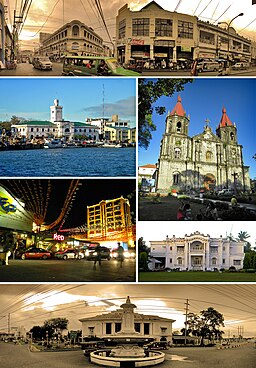 From top, left to right: Calle Real - Iloilo City's historic city center, The Aduana/Customs House of Iloilo and Muelle Loney, Saint Anne Church of Molo District, Smallville Commercial Complex in Mandurriao District, Nelly Garden, and the Arroyo Fountain and Casa Real/Old Iloilo Provincial Capitol