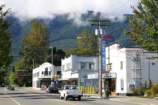 Looking eastbound on SR 202 in downtown North Bend from the historic North Bend Theatre