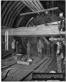 Construction of the northern tube under the Hudson River in 1905 North Rvr Tunnel - N tube shield 1905.jpg