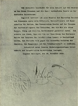 Abdication statement of Wilhelm II, signed 28 November 1918 NotaDeAbdicacionDelKaiser1918.png