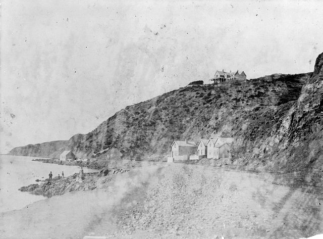 Oriental Bay, Wellington showing Fitzgerald's house on top of the hill