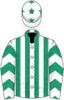 White and emerald green stripes, chevrons on sleeves, white cap, emerald green stars