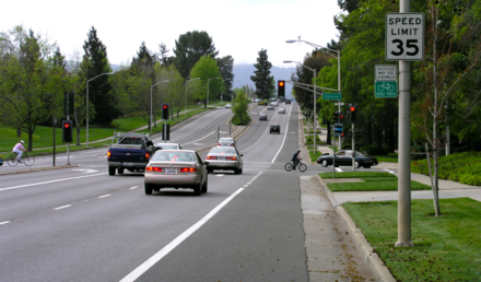 Page Mill Road in Palo Alto, California, United States, is a typical arterial road in a suburban area; this also has a bike lane