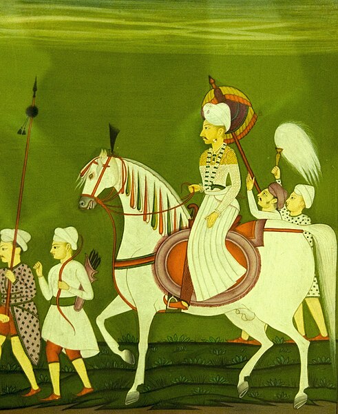 Painting of Balaji Baji Rao riding a horse at Chhatrapati Shivaji Maharaj Museum, Mumbai