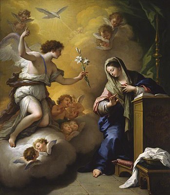 The Annunciation by Paolo de Matteis, 1712, Saint Louis Art Museum, Saint Louis. The white lily in the angel's hand is symbolic of Mary's purity[n 2] in Marian art.[16]
