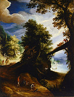 A Wooded Landscape with a Bridge and Sportsmen at the Edge of the River label QS:Len,"A Wooded Landscape with a Bridge and Sportsmen at the Edge of the River" label QS:Lnl,"Boslandschap met brug en jagers aan de oever van een rivier" . 1590-1600. oil on canvas medium QS:P186,Q296955;P186,Q12321255,P518,Q861259 . 88.3 × 67.5 cm (34.7 × 26.5 in). Sydney, Art Gallery of New South Wales.