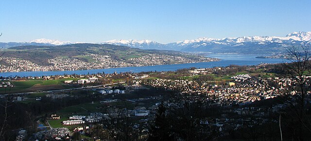 Lake Zurich, Pfannenstiel, and Sihl Valley, as seen from Felsenegg