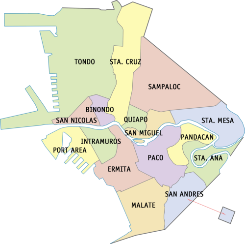 District map of Manila showing its sixteen districts.