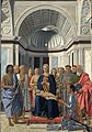 Piero della Francesca Mária gyermekével, szentekkel és Federico da Montrefeltróval
