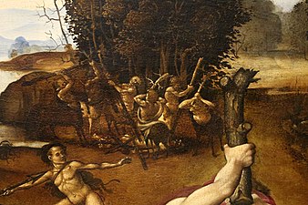 画面右遠景。カイネウスは複数のケンタウロスたちに囲まれて地に倒れている。その手前に槍を投げようとするペイリトオス。