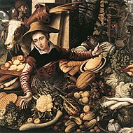 Market Woman at the Vegetable Stall, 1567, oil on oak wood, 111 × 110 cm (43.7 × 43.3 in). Berlin, Gemäldegalerie.