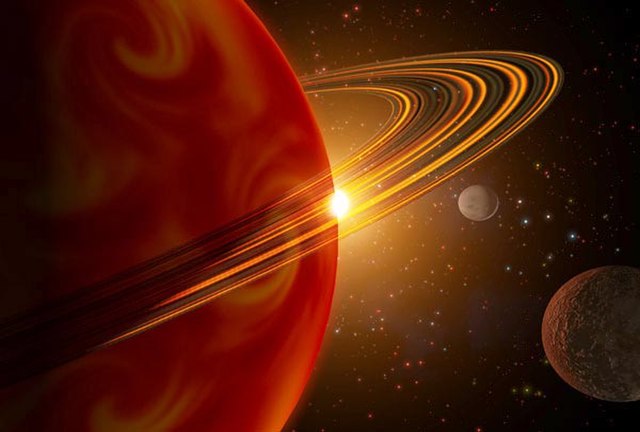 An artist's conception of 79 Ceti b, the first extrasolar giant planet found with a minimum mass less than Saturn.