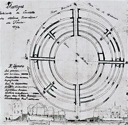 Zeichnung des Grundrisses des Amphitheaters, übertragen auf einen Plan aus dem 19. Jahrhundert.
