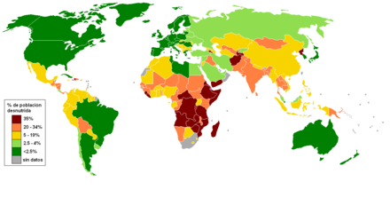 Mapa de Percentatge de la població mundial sofrint de fam.(2006).