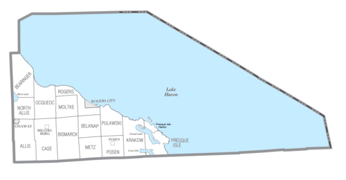 U.S. Census data map showing local municipal boundaries within Presque Isle County.  Shaded areas represent incorporated cities.