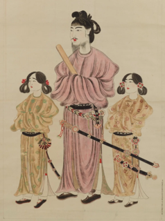 쇼토쿠 태자와 동생(왼쪽: 에구리 황자)과 장남(오른쪽: 야마시로 황손), 8세기 목판 복제