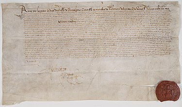 Treaty made signed on Anne's behalf with the Kingdom of England on 15 February 1490. The signing is autograph and also contains the personal seal of the Duchess. Archives nationales, France, AE/II/525. Procuration d'Anne de Bretagne 1 - Archives Nationales - AE-II-525.jpg