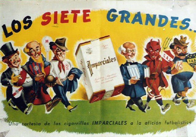 Advertisement by "Cigarrillos Imparciales" featuring "the big seven", c. 1950