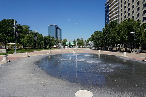 A plaza near Galatyn Park station in 2019