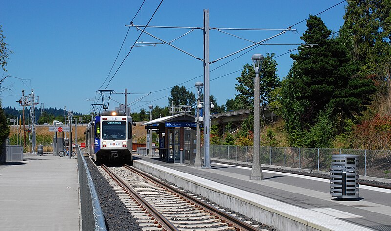 File:SE Flavel Street MAX station with SB train.jpg