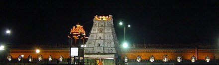 Tirumala Sri Venkateswara temple - Front view on a well lit night