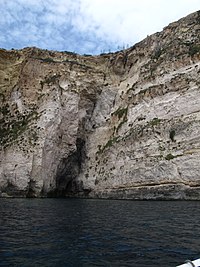 SW-dipping minor fault on the southwest coast of Malta, near the Blue Grotto SW dipping normal fault Blue Grotto.jpg