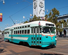 In tribute to Washington, D.C.'s use of PCC streetcars, this ex-Newark streetcar was run on a heritage streetcar service in San Francisco, wearing DC Transit colors during 2010. San Francisco PCC car 1076, Washington DC livery.jpg