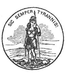 The seal of Virginia with exclamation point added, as seen on the title page of James Redpath's Public Life of Capt. John Brown (1860), repeated on his Echoes of Harper's Ferry (1860). Instead of Virginia rebelling against the tyrant England, Brown is here the rebel, and slaveholders are the tyrants. Seal of Virginia, on title page of Redpath's biography of John Brown.jpg