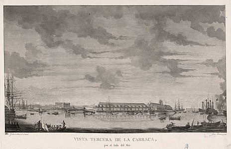 Vista tercera de La Carraca, por el lado del mar Pedro Grolliez, gravure d'après un dessin de Pedro Grolliez (d), pour Vistas de los puertos de mar de España (1785).