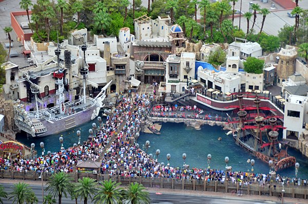 Aerial view from The Venetian, July 2011. The Song (Sirens' ship) is on the left and The Bull (pirate ship) is on the right, separated by a plank pier