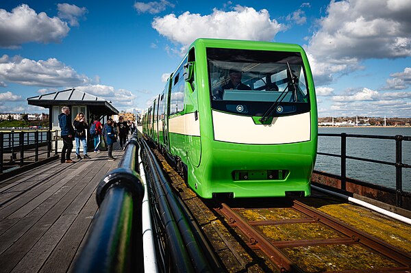 An electric train built for the Southend Pier Railway in 2021.