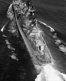 Soviet cruiser Admiral Isachenkov underway aerial port quarter view 1985.jpg