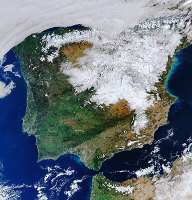 Snowfall from storm Filomena over the Iberian Peninsula.