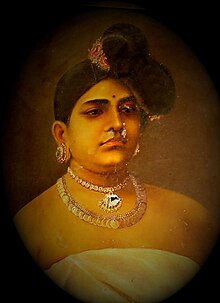 Nagercoil Ammachi, the First Consort of Maharajah Moolam Thirunal of Travancore painted by P. Mukundan Thampi in 1879 Sree wife copy.jpg