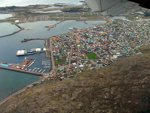 Aerial view of St Pierre, the capital and largest town