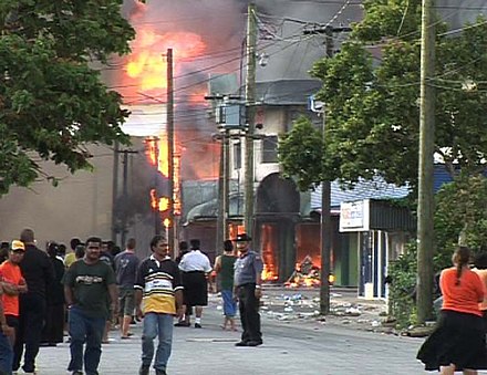 The start of the major fires due to the 2006 Tonga riots in Nukuʻalofa