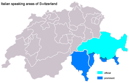 A map showing the Italian-speaking areas of Switzerland: the two different shades of blue denote cantons where Italian is the official language, dark blue shows areas where Italian is spoken by an important part of the population