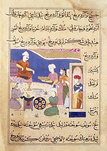 Medieval Indian Persian manuscript Nimatnama-i-Nasiruddin-Shahi (c. 16th century) showing samosas being served