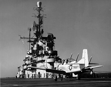 A tailhook-equipped T-28C after trapping aboard USS Tarawa (CVA-40), in 1955