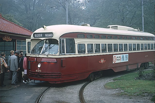 A Parliament line streetcar at Viaduct Loop. Parliament line was one of several streetcar routes discontinued in the 1960s.