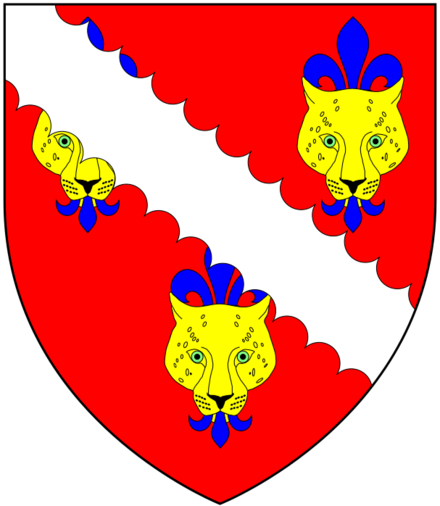 Arms of Tenison: Gules, three leopard's faces or jessant de lys azure overall a bend engrailed argent.[1] A difference of these arms was borne by Tennyson, the family of Alfred, Lord Tennyson (1809–1892) (Baron Tennyson), the poet